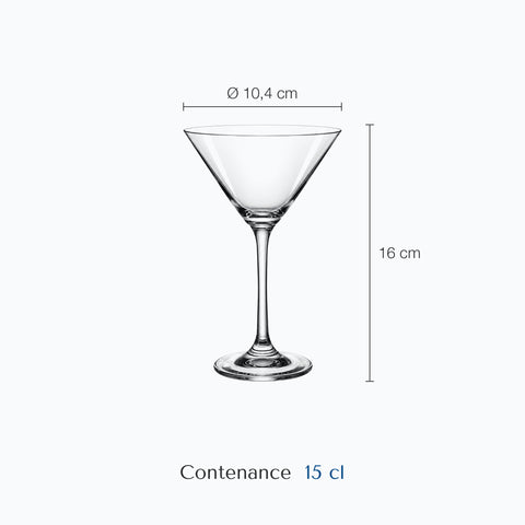 Dimensions : Verre à Martini (hauteur 16 cm, diamètre 10,4 cm, contenance 15 cl)