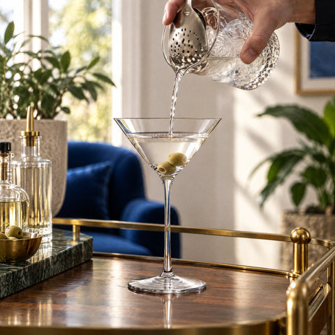 Main versant un dry martini à la passoire julep dans le verre martini cristal Diapason à deux olives, desserte en laiton