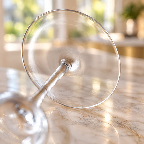 Gros plan sur le pied et la tige du verre martini cristal Diapason posé de biais sur un plan en marbre, fond lumineux flou