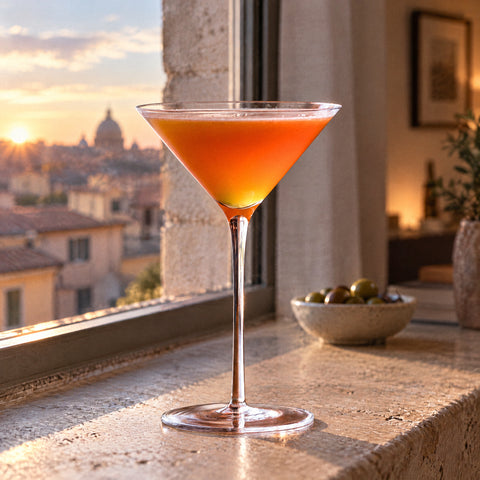Verre martini cristal Diapason rempli d'un cocktail orange au liseré de mousse, rebord de fenêtre en pierre face aux toits