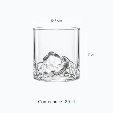 Dimensions : Verre à Whisky Montagne (hauteur 7 cm, diamètre 7 cm, contenance 30 cl)
