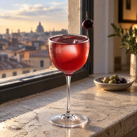 Cocktail rouge avec glaçon et cerise sur pique dans le verre Nick and Nora Charleston, toits de ville et coupelle d'olives
