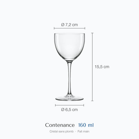 Cotes du verre Nick and Nora Ogive : hauteur 15,5 cm, diamètre 7,2 cm en haut et 6,5 cm à la base, contenance 16 cl