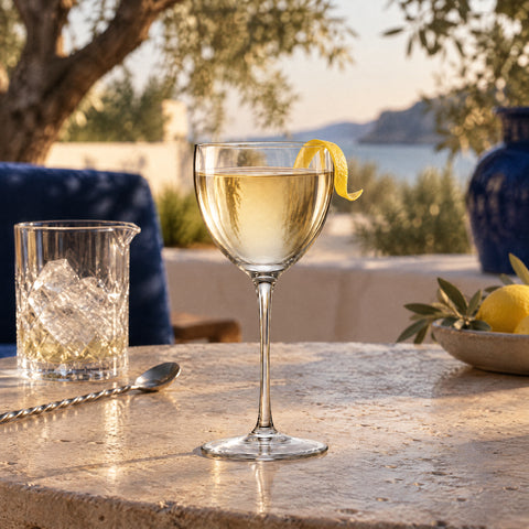 Verre Nick and Nora Ogive, cocktail doré pâle et zeste de citron au buvant, cuillère de bar près d'un verre à mélange