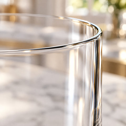 Gros plan sur le bord fin du verre old fashioned Semplice, fond flou clair aux touches dorées et lumière de fenêtre