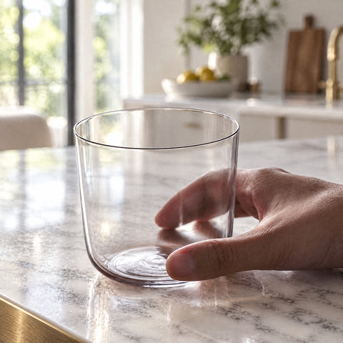 Main saisissant par la base le verre à whisky Conque vide, cuisine lumineuse aux hautes fenêtres floues