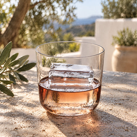 Verre à whisky Conque à demi plein d'un liquide ambré, gros glaçon rectangulaire, oliviers et murs blancs au loin
