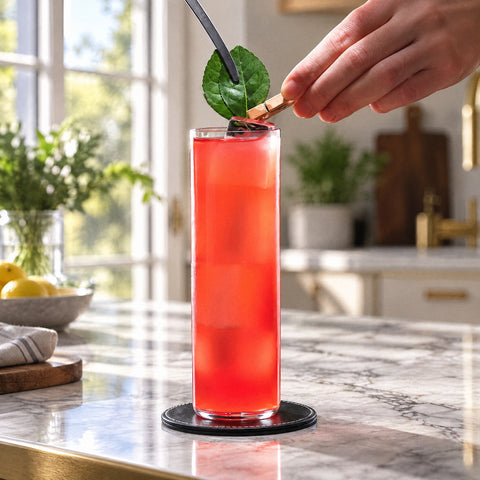 Main posant à la pince une feuille de menthe sur le bord du verre tube Calame au cocktail rouge glacé, îlot en marbre blanc