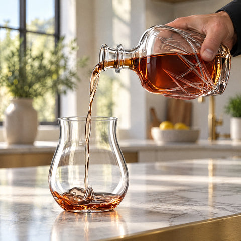 Filet de spiritueux ambré versé d'une carafe en cristal dans le verre tulipe Pontil, îlot de cuisine en marbre blanc