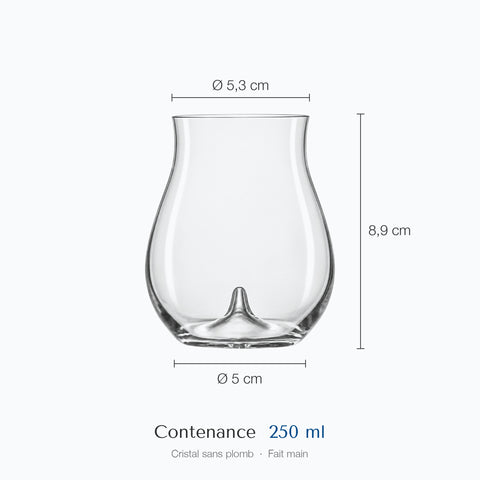 Cotes du verre tulipe Pontil sur fond blanc : hauteur 8,9 cm, diamètre du haut 5,3 cm, de la base 5 cm, contenance 25 cl