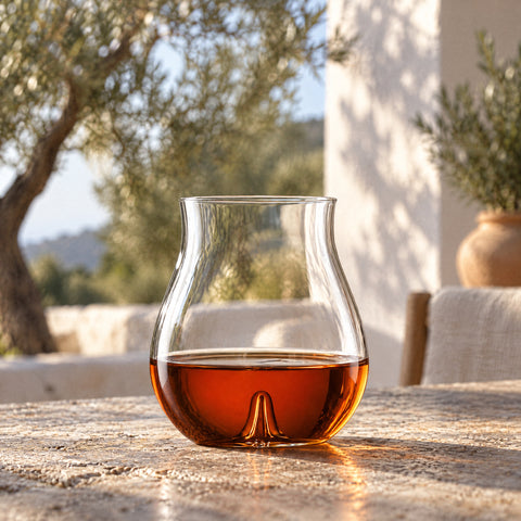 Verre tulipe Pontil rempli au tiers de whisky ambré, table en pierre d'une terrasse, oliviers et murs blancs flous