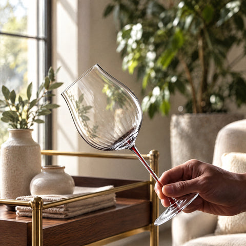 Main tenant incliné le verre à vin Vibrato vide par le bas de la tige, desserte en laiton et noyer, vases en céramique