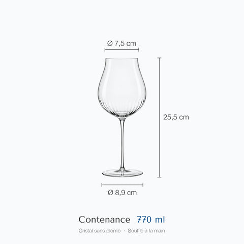 Verre à vin Vibrato coté sur fond clair, hauteur et diamètres indiqués par des traits fins, côtes optiques visibles dans le bas du calice