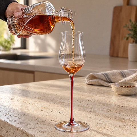 Carafe en cristal versant un alcool ambré dans le verre tulipe de dégustation Pistil, cuisine minimaliste et linge en lin