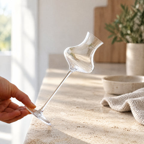 Verre tulipe digestif Quenouille vide, tenu par le pied presque à l'horizontale, torchon de lin et coupelle en céramique
