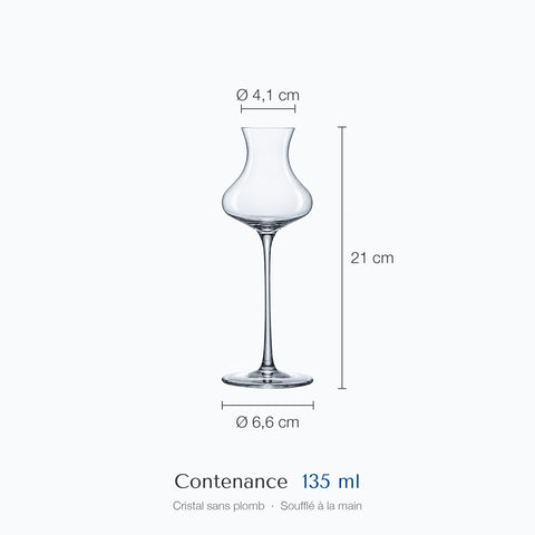 Verre tulipe digestif Quenouille : hauteur 21 cm, diamètre 4,1 cm en haut et 6,6 cm à la base, contenance 13,5 cl