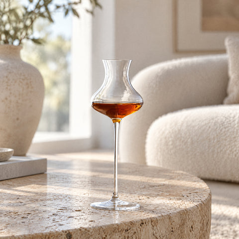 Verre tulipe digestif Quenouille garni de whisky ambré sur un tapis de bar, canapé bouclette et vase en céramique flous