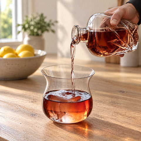 Carafe en cristal versant un alcool ambré dans le verre tulipe sans pied Géode avec glaçon, bol de citrons au fond