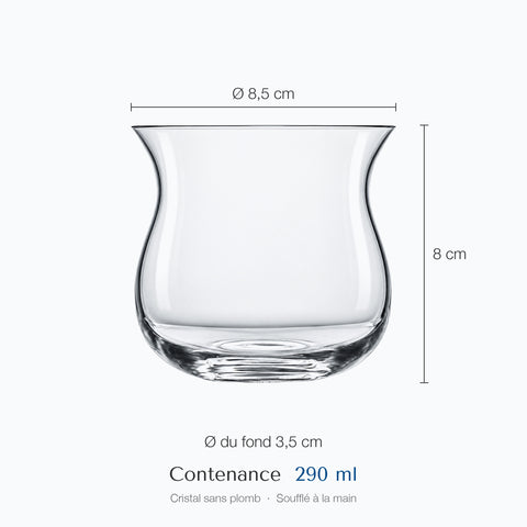 Verre tulipe sans pied Géode coté : hauteur 8 cm, diamètre du haut 8,5 cm, de la base 3,5 cm, contenance 29 cl