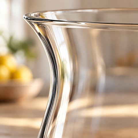 Gros plan en contre-jour sur le buvant fin et la paroi concave du verre tulipe sans pied Géode