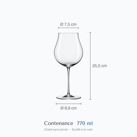 Verre à vin Choral coté sur fond clair, hauteur 25,5 cm, diamètre du haut 7,5 cm, de la base 8,9 cm, contenance 77 cl