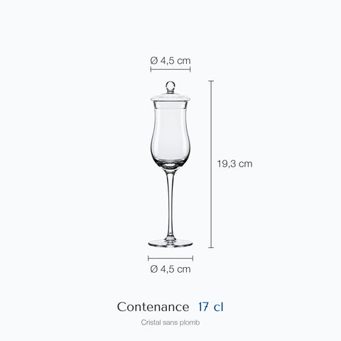 Dimensions : Verre à Whisky Tulipe avec Couvercle (hauteur 19,3 cm, diamètre 4,5 cm, contenance 17 cl)