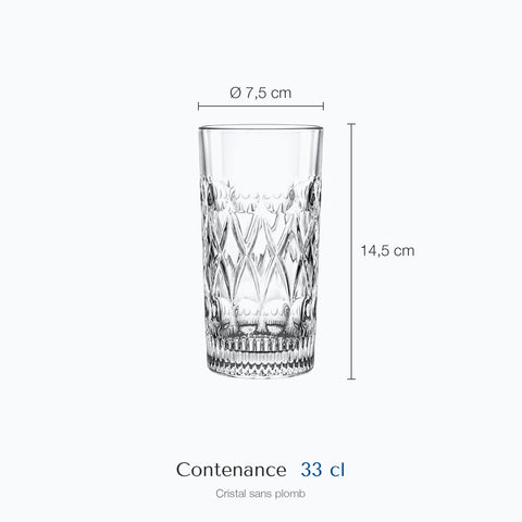 Dimensions : Verre Tumbler Cocktail (hauteur 14,5 cm, diamètre 7,5 cm, contenance 33 cl)