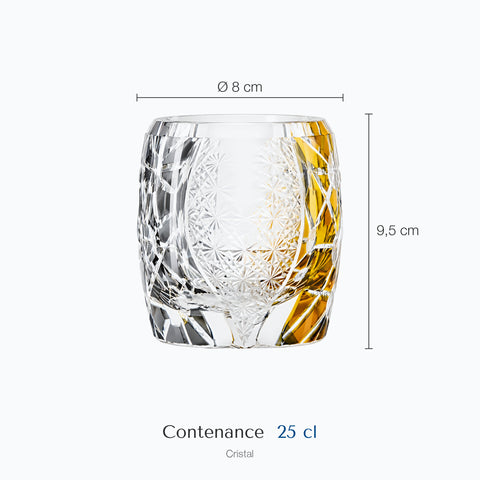 Dimensions : Verre Whisky Ambre (hauteur 9,5 cm, diamètre 8 cm, contenance 25 cl)