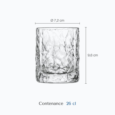 Dimensions : Verre Whisky Brut (hauteur 9,6 cm, diamètre 7,2 cm, contenance 26 cl)