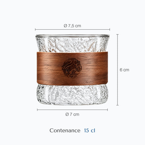 Dimensions : Verre à Whisky Merrain (hauteur 6 cm, diamètre 7,5 cm, contenance 15 cl)