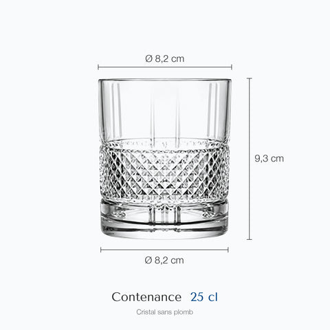 Dimensions : Verre à Whisky Old Fashioned (hauteur 9,3 cm, diamètre 8,2 cm, contenance 25 cl)