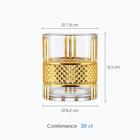 Dimensions : Verre Whisky Or (hauteur 9,3 cm, diamètre 7,9 cm, contenance 30 cl)
