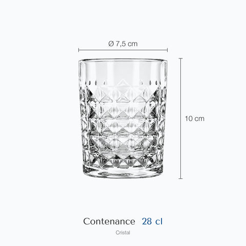 Dimensions : Verre à Whisky Paris (hauteur 10 cm, diamètre 7,5 cm, contenance 28 cl)