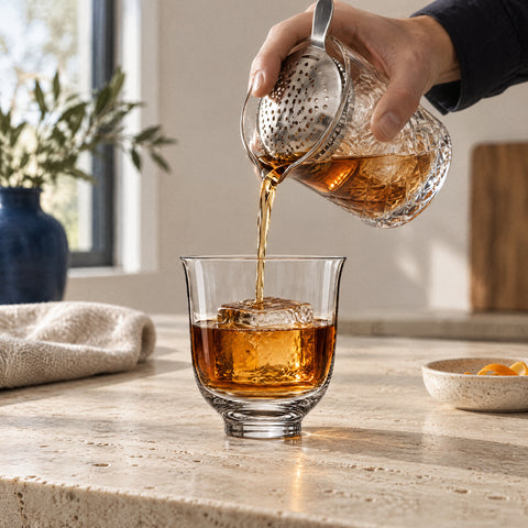 Main versant un old fashioned ambré à la passoire julep dans le verre à whisky Collerette, comptoir en travertin clair