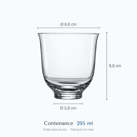 Verre à whisky Collerette sur fond blanc avec ses cotes : 8,8 cm de haut, 8,6 cm au buvant, 3,9 cm à la base, 29,5 cl