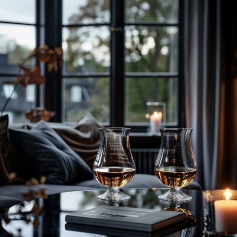 verres à rhum en forme de tulipe sur un salon luxueux et sombre