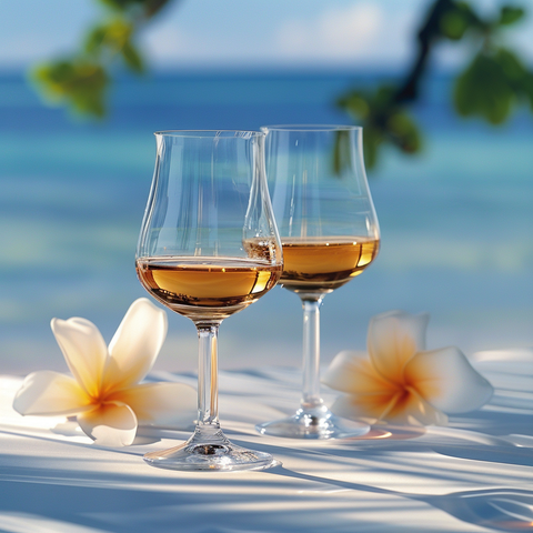 verres à rhum en forme de tulipe sur une table à la plage