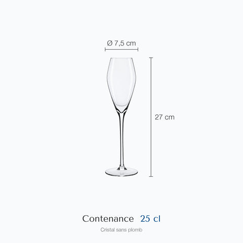 Dimensions : Vrai Verre à Champagne (hauteur 27 cm, diamètre 7,5 cm, contenance 25 cl)