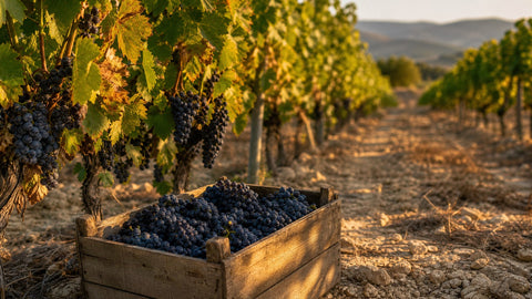 Rang de vigne aux grappes noires mûres au lever du soleil avec caisse de vendange — vendanges 2026 les plus précoces de l'histoire de France