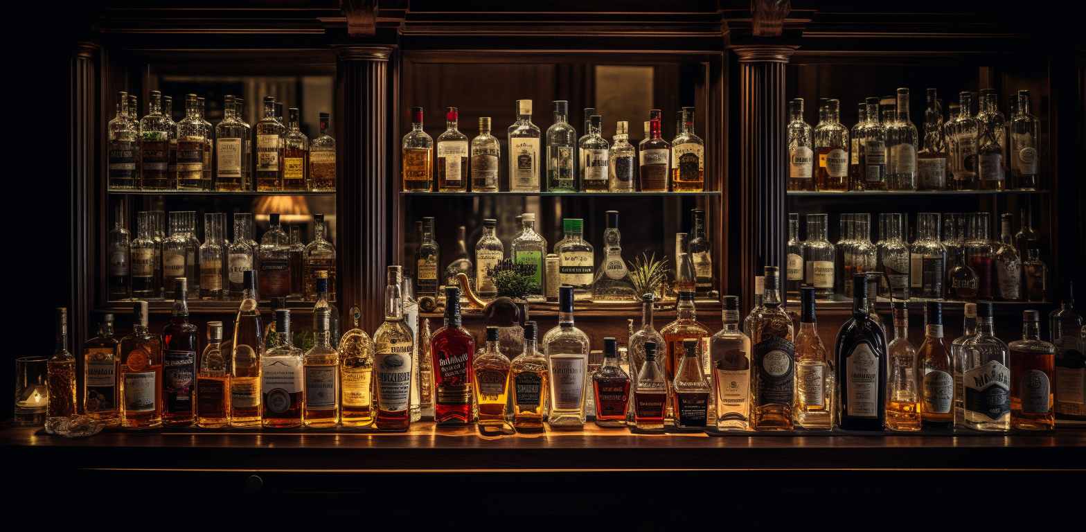 un bar a cocktail avec des cocktails au whisky et des bouteille de whisky