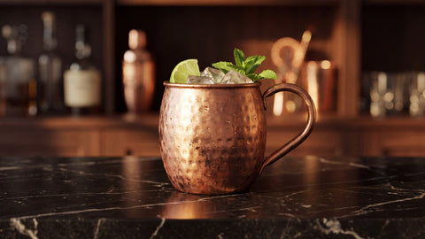 Mug en cuivre Moscow Mule sur comptoir de bar moderne avec glaçons gros cubes citron vert et brin de menthe
