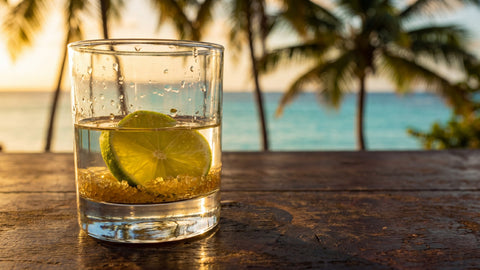 Verre de Ti Punch traditionnel sur table antillaise au coucher du soleil — cocktail martiniquais au rhum agricole et citron vert