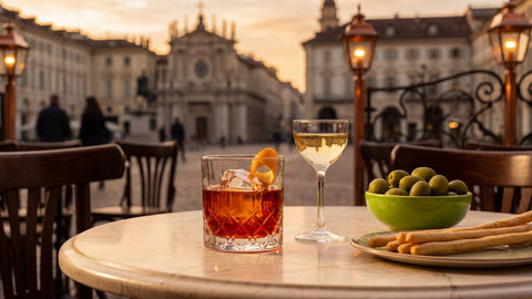 Apéritif vermouth rouge et blanc à la terrasse d'un café turinois berceau historique de l'apéritif italien depuis 1786