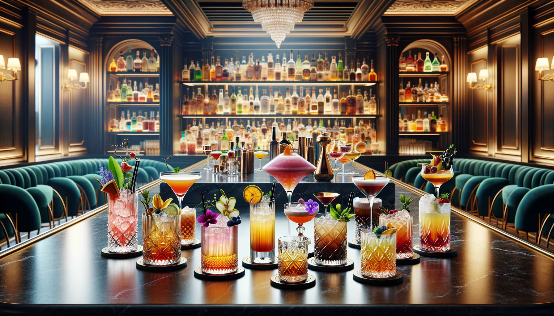différents cocktail posé dans un bar luxueux