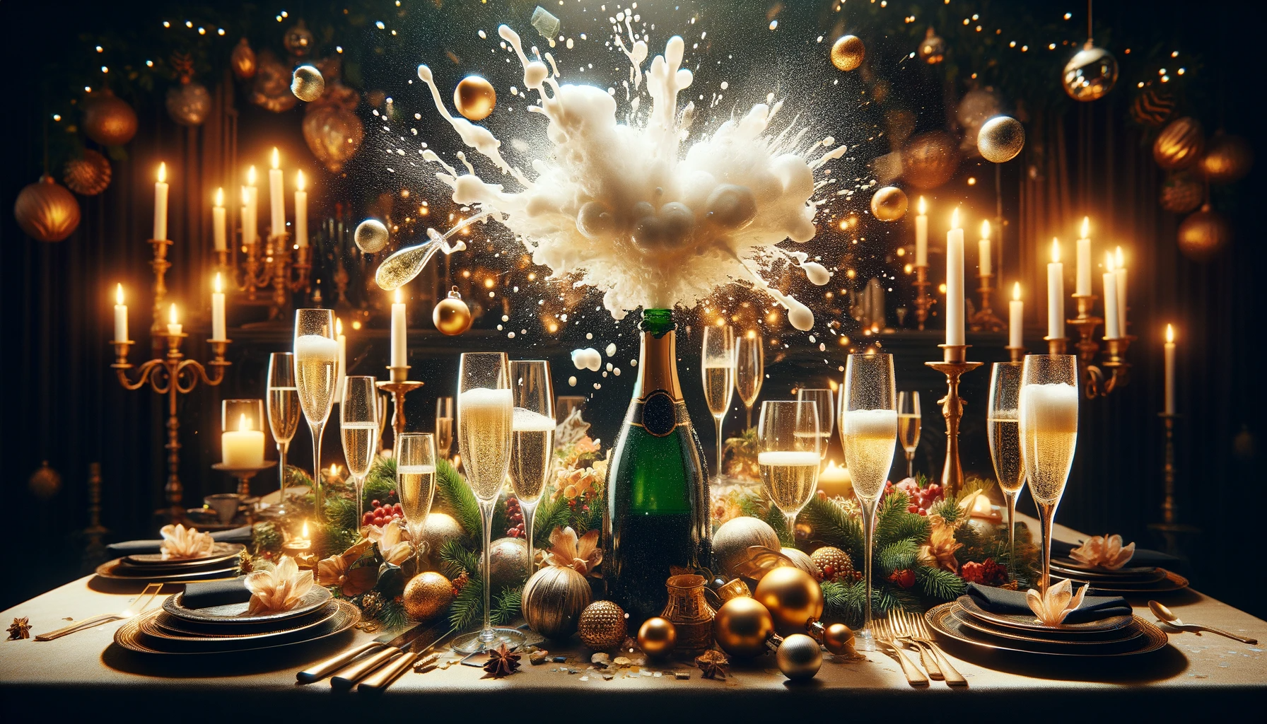 une bouteille de champagne qui explose entouré de verre sur une table festive