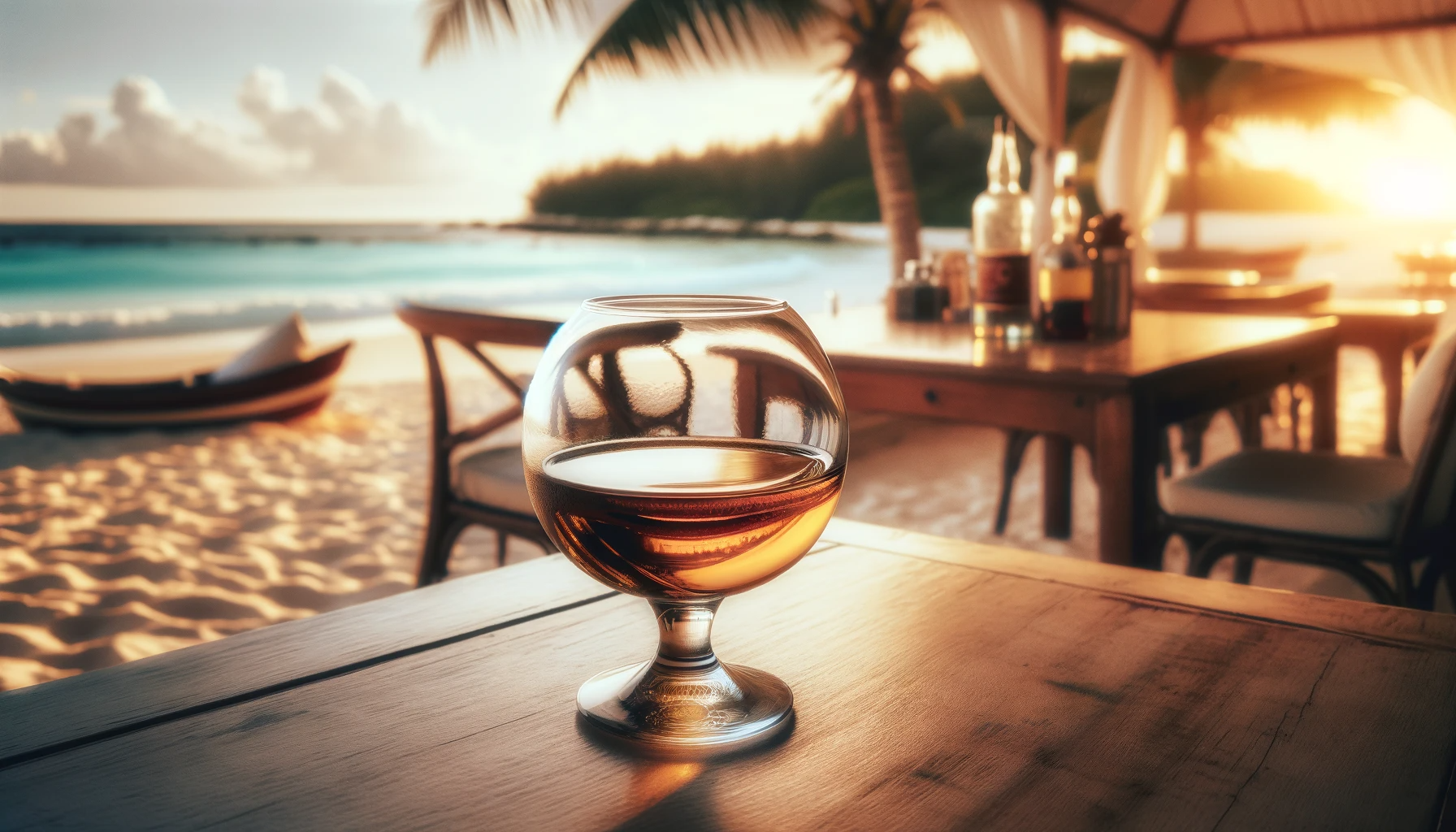fais une forme de verre plus ballon et place le sur une table dans un bar en bord de plage 