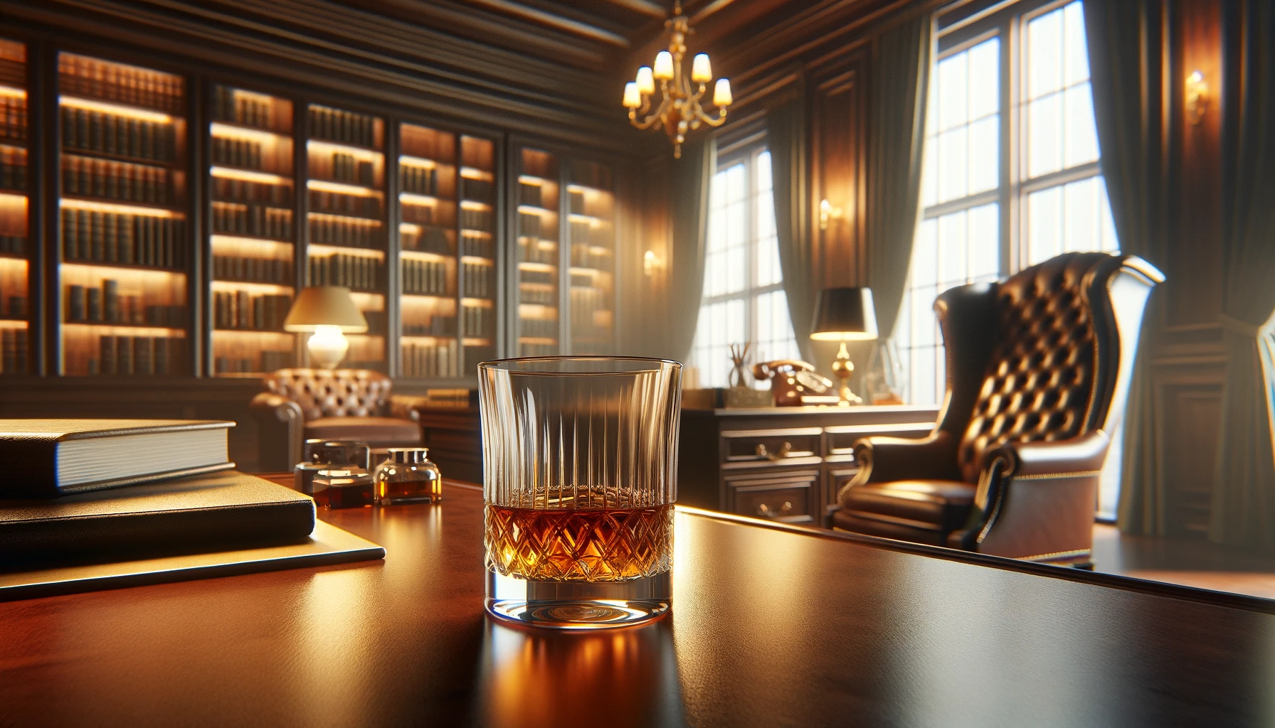 un verre a whisky dans un bureau luxueux