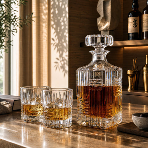 Service à Whisky posé sur un plan de travail dans un home bar