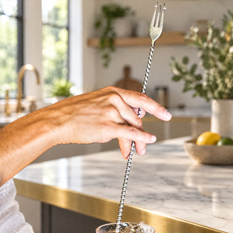 Doigts pinçant la tige torsadée de la cuillère de bar Olivette, bord de verre et glaçons en bas, îlot de marbre blanc