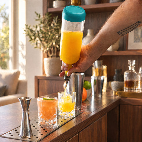 Main tenant à l'envers la bouteille à sirop Cyprès, jus d'orange coulant dans un verre taillé, shaker et doseur